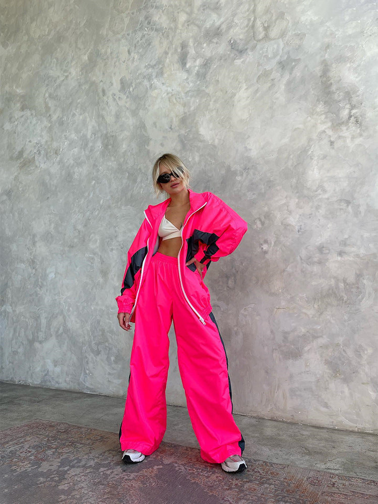 Women's Windbreaker Tracksuit Set With Wide-Leg Pants