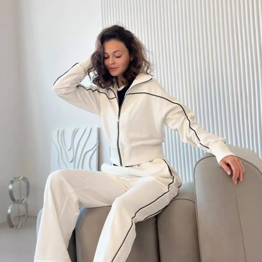 Close-up of the zip-front stand collar on a women's loungewear jacket