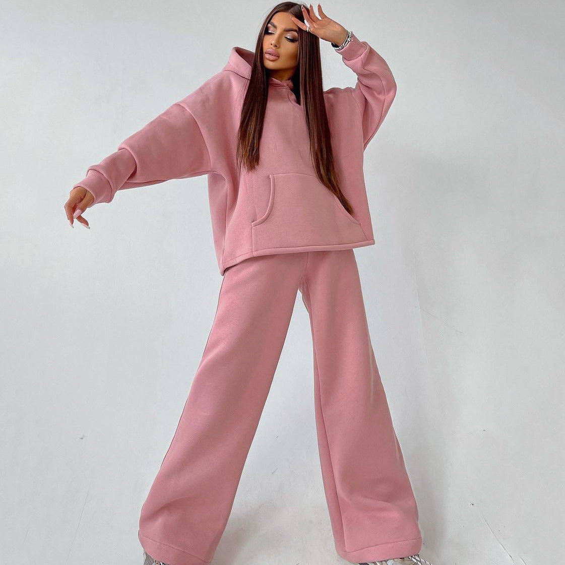 Hoodie and flare pants set styled for a casual weekend look