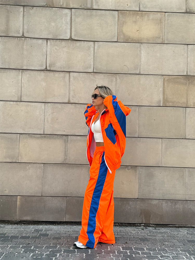 Women's Windbreaker Tracksuit Set With Wide-Leg Pants