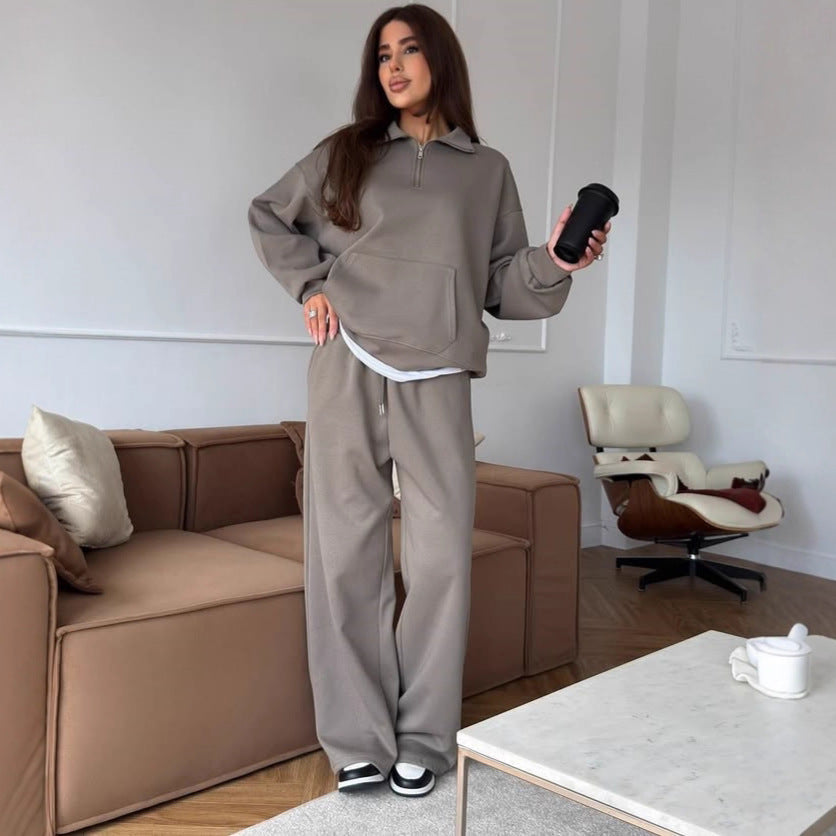 Close-up of the half-zip neckline and hood on a women's lounge set