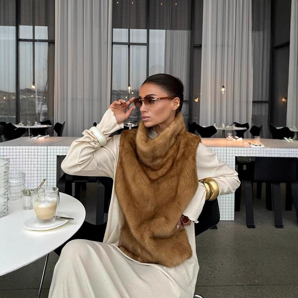 Soft faux fur wrap scarf draped over the shoulders