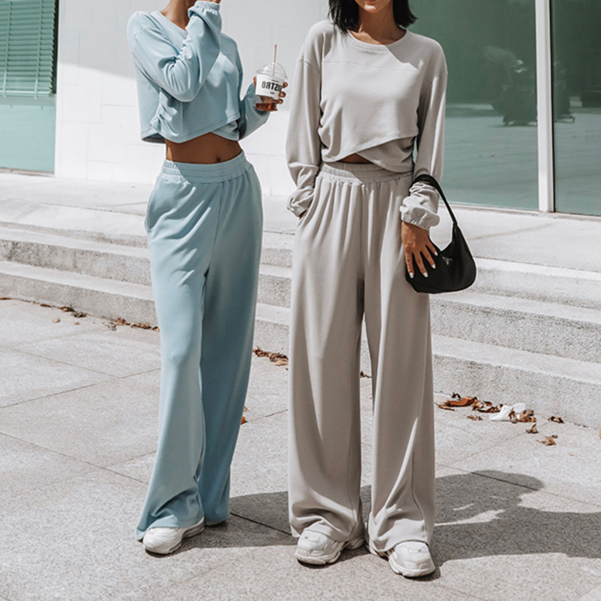 Women's wide-leg lounge pants set with a cropped sweatshirt