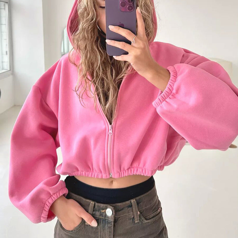 Close-up of the hood and neckline on a cropped women's jacket