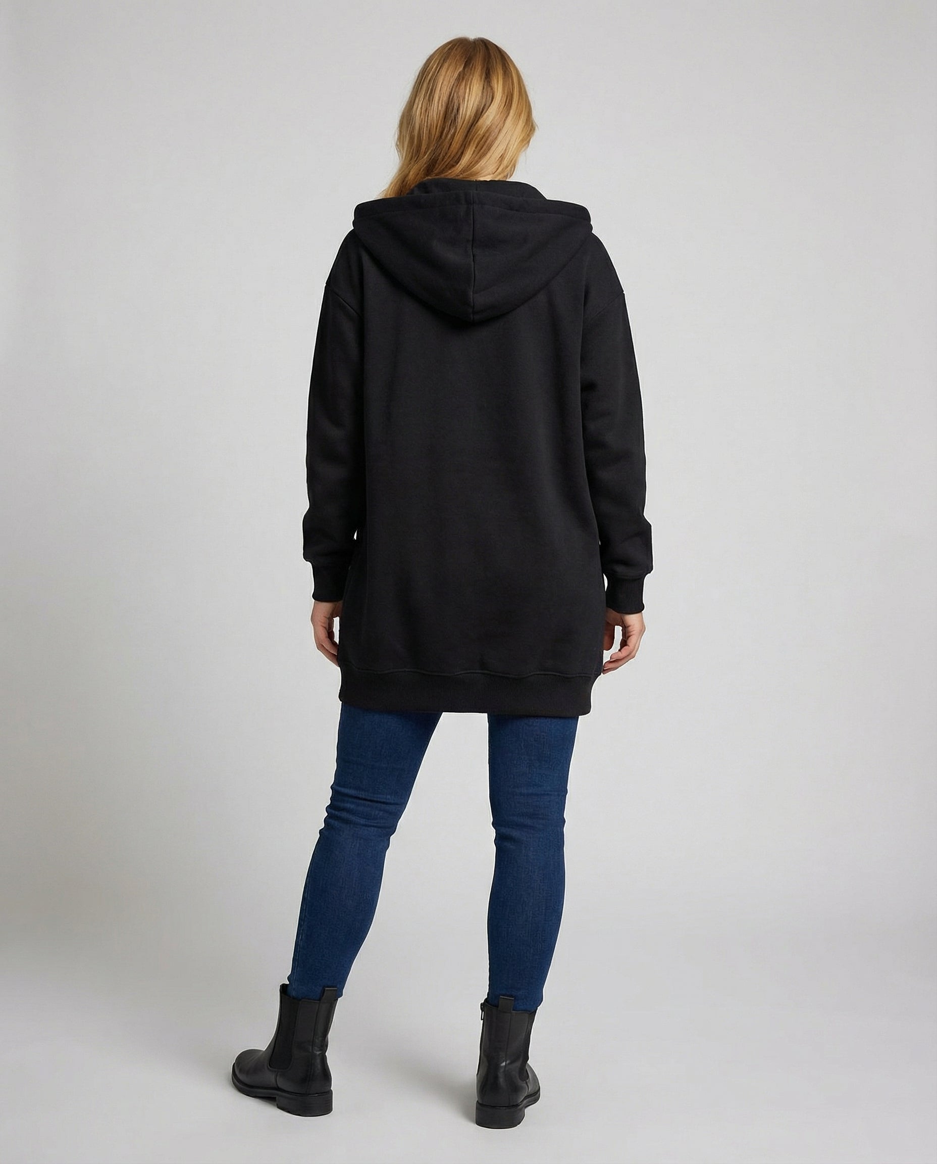 Full-length view of the women's zip hoodie