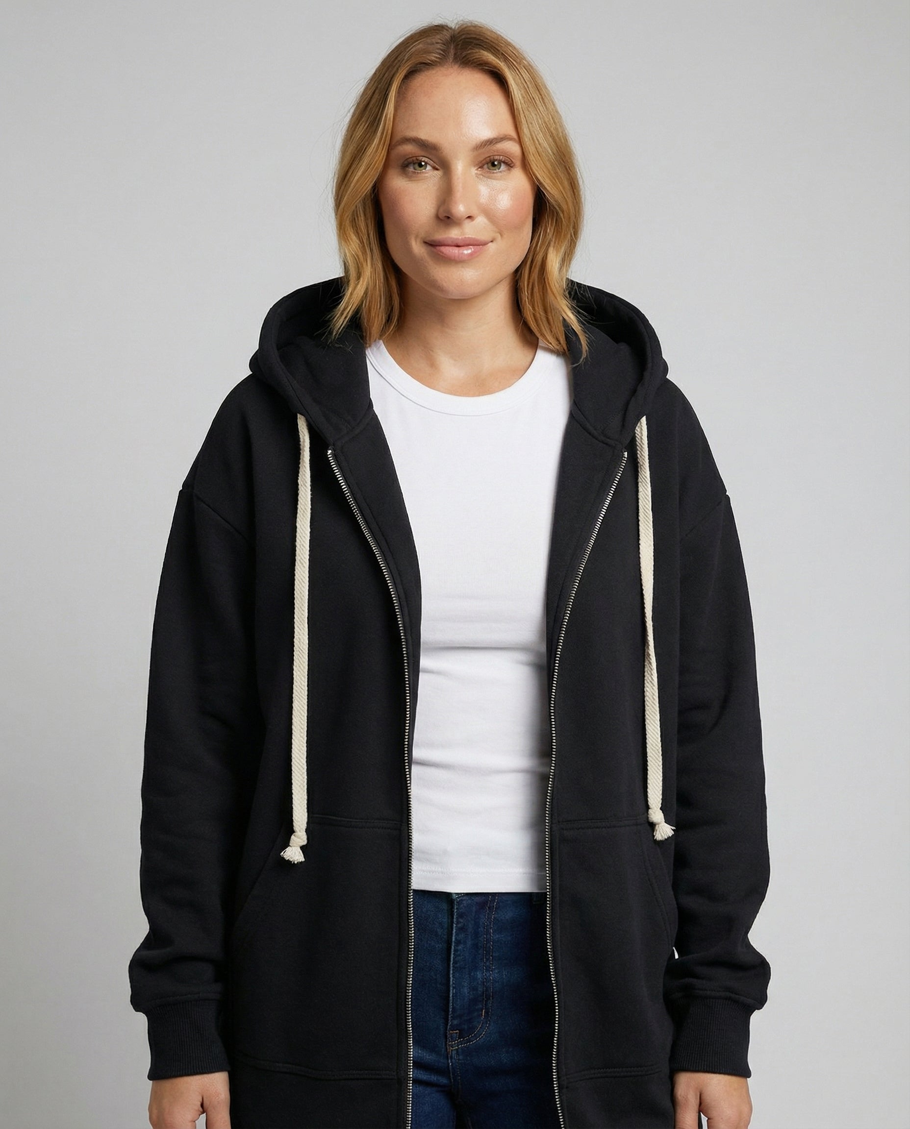 Women's knee-length zip hoodie shown from the back