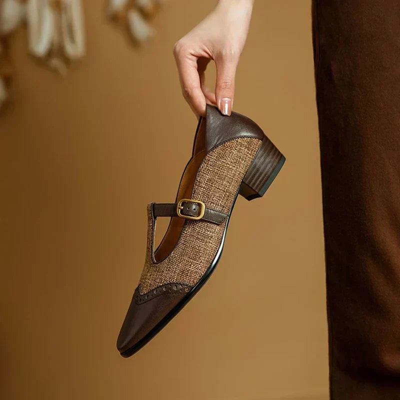 Top view of women's vintage buckle shoes with mid heels