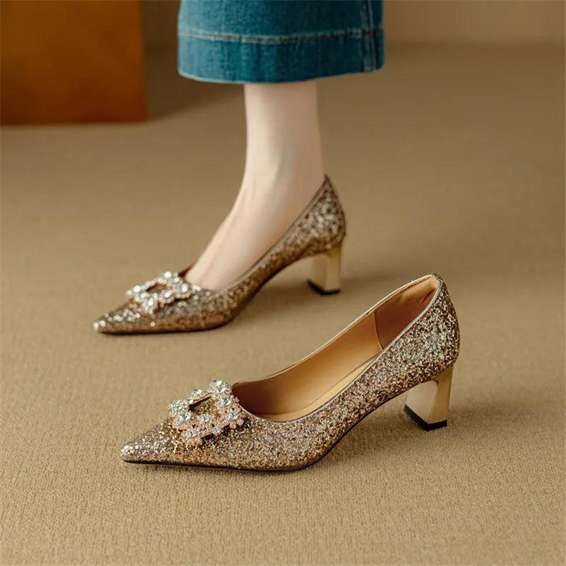 Angled view of women's pumps with medium heels
