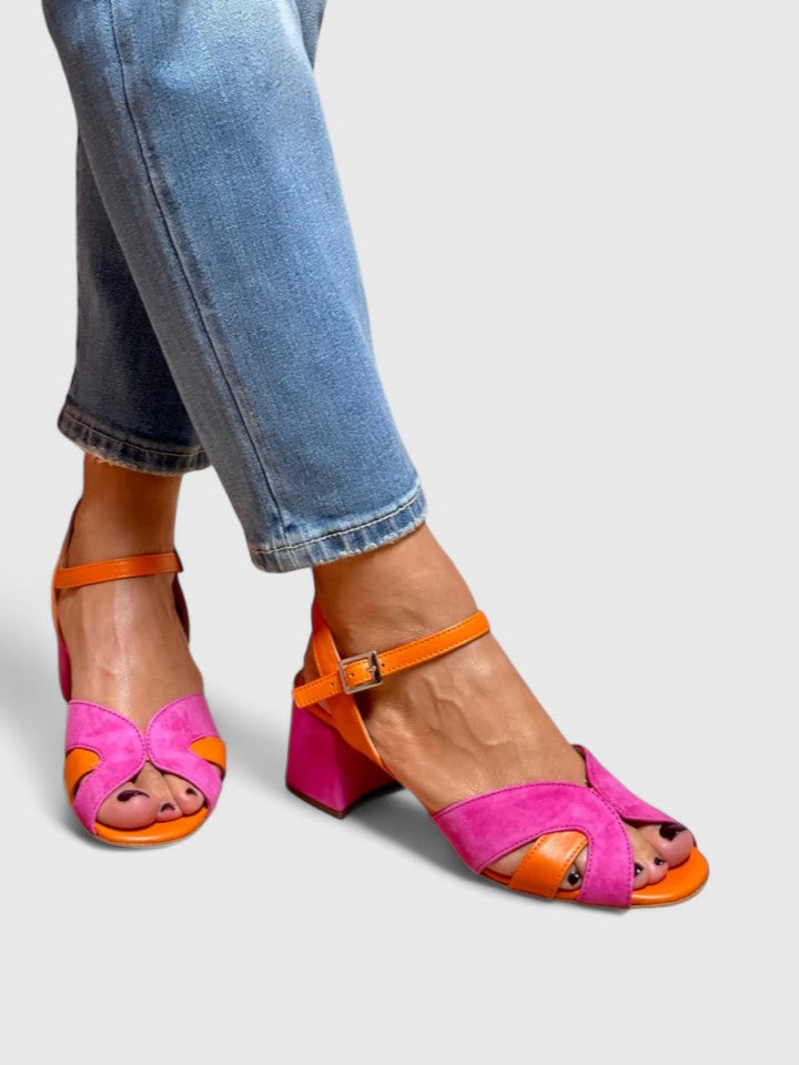Strappy high heel block sandals highlighting the upper design