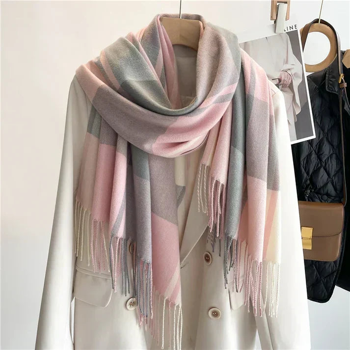 Folded women's plaid scarf showcasing its classic checked design
