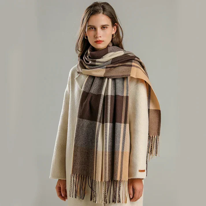Women's plaid scarf styled as a classic wrap around the neck
