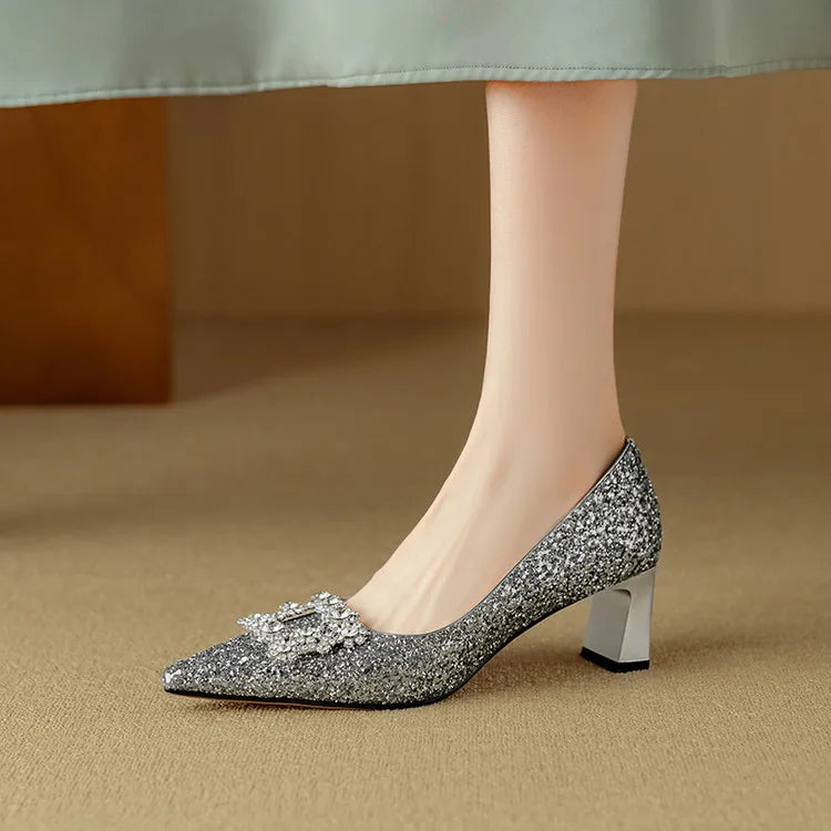 Detailed view of women's pumps and medium heels