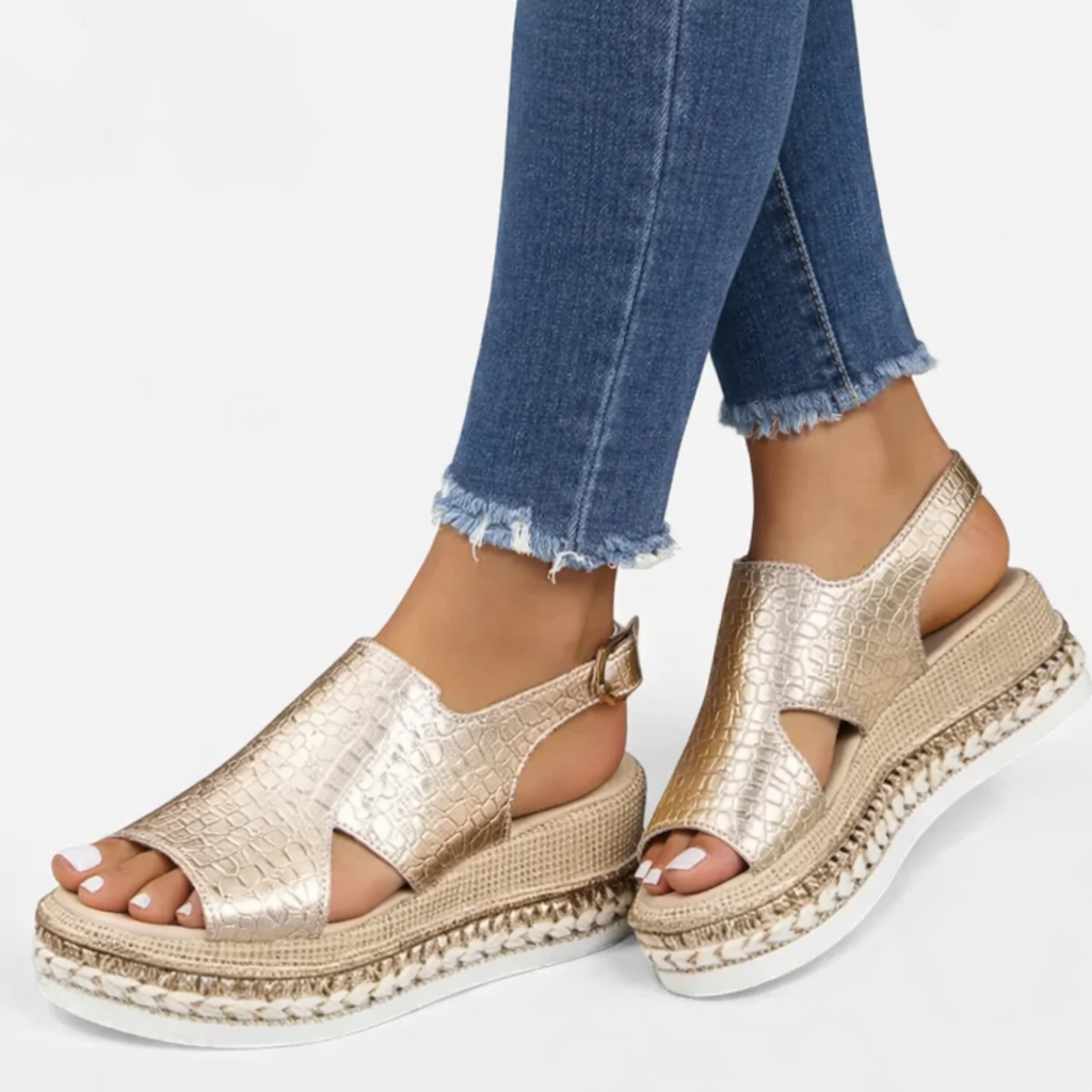 Close-up of the cushioned footbed and wedge sole