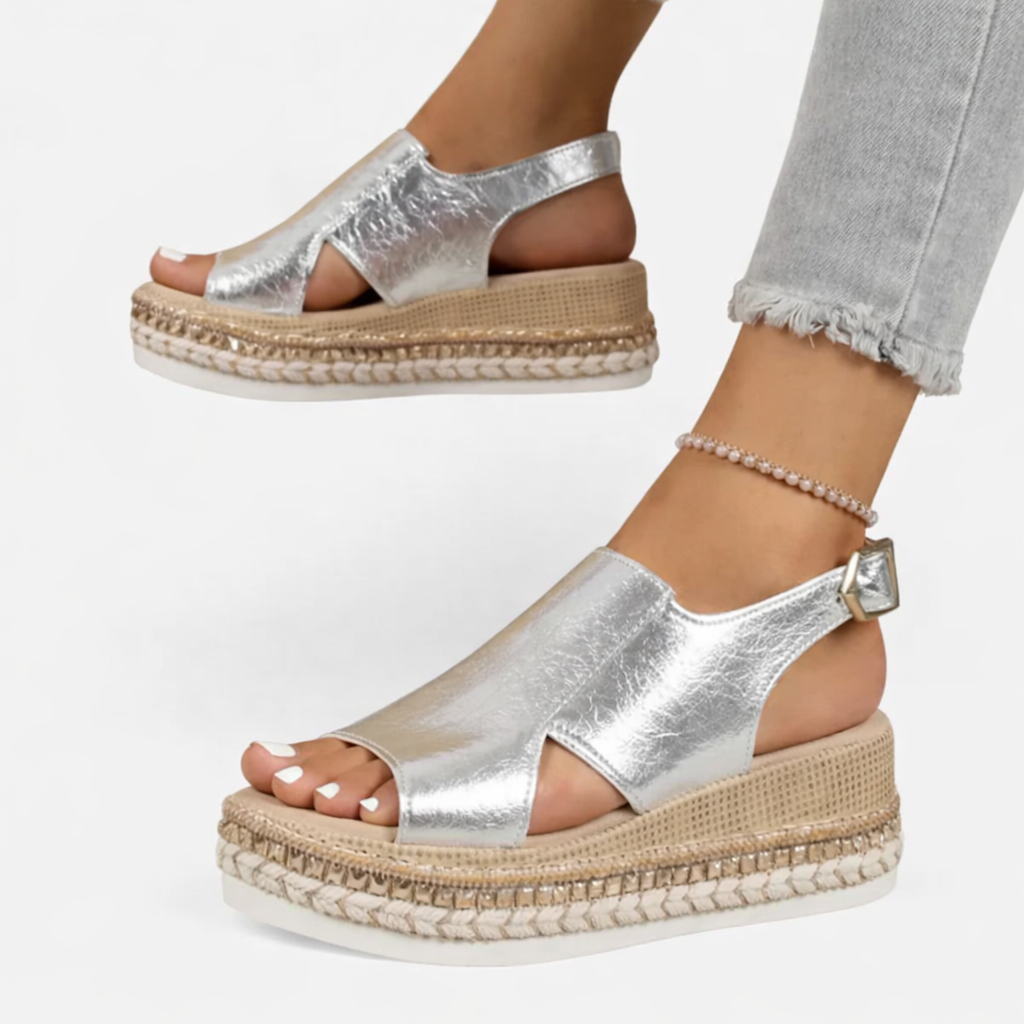 Adjustable slingback wedge sandals shown from the back