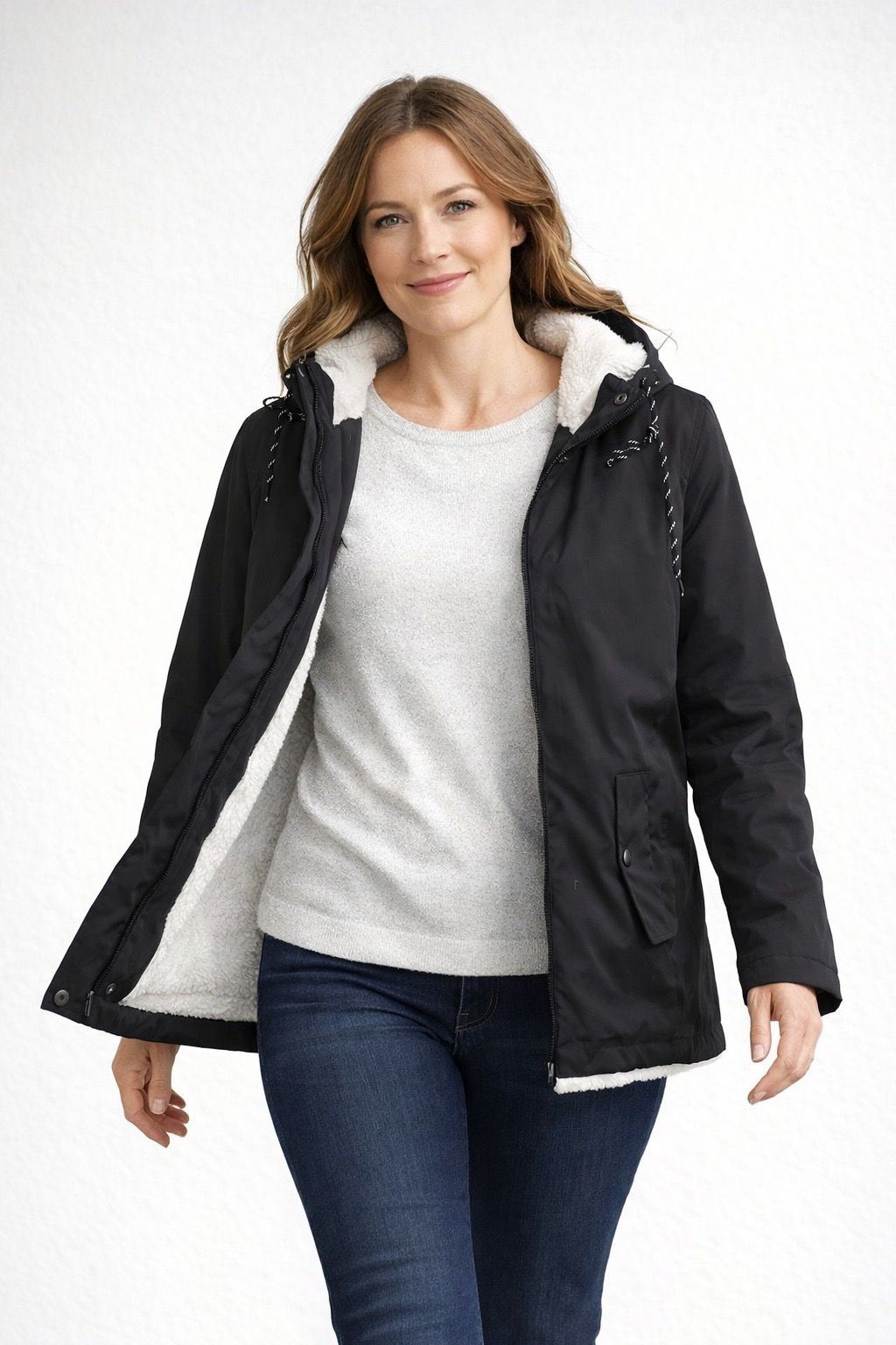 Women's hooded fleece-lined winter jacket shown from the front