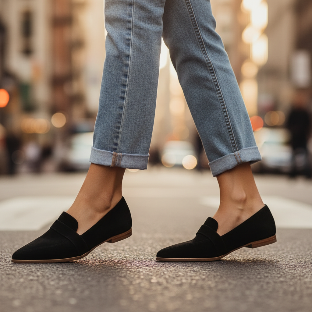 Close-up of the soft burgundy suede upper on a loafer