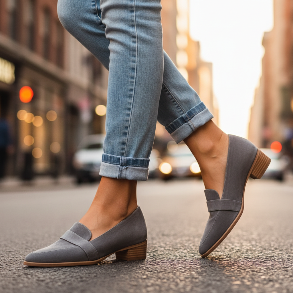 Pair of burgundy suede loafers with cushioned insoles