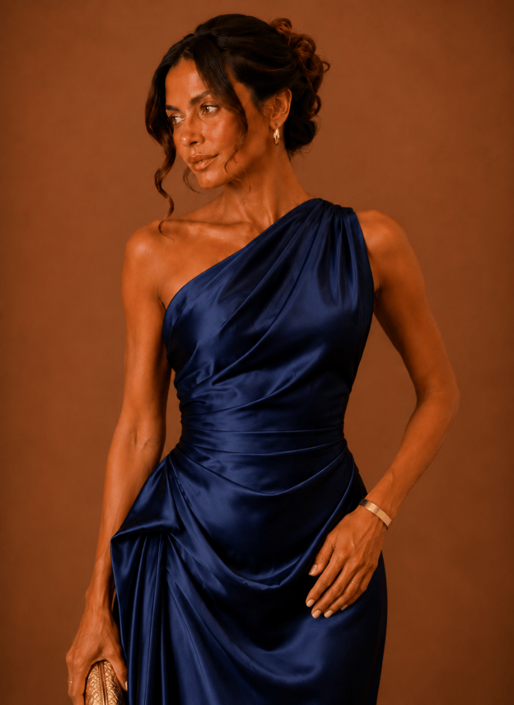 Waist and skirt silhouette of a satin midi dress