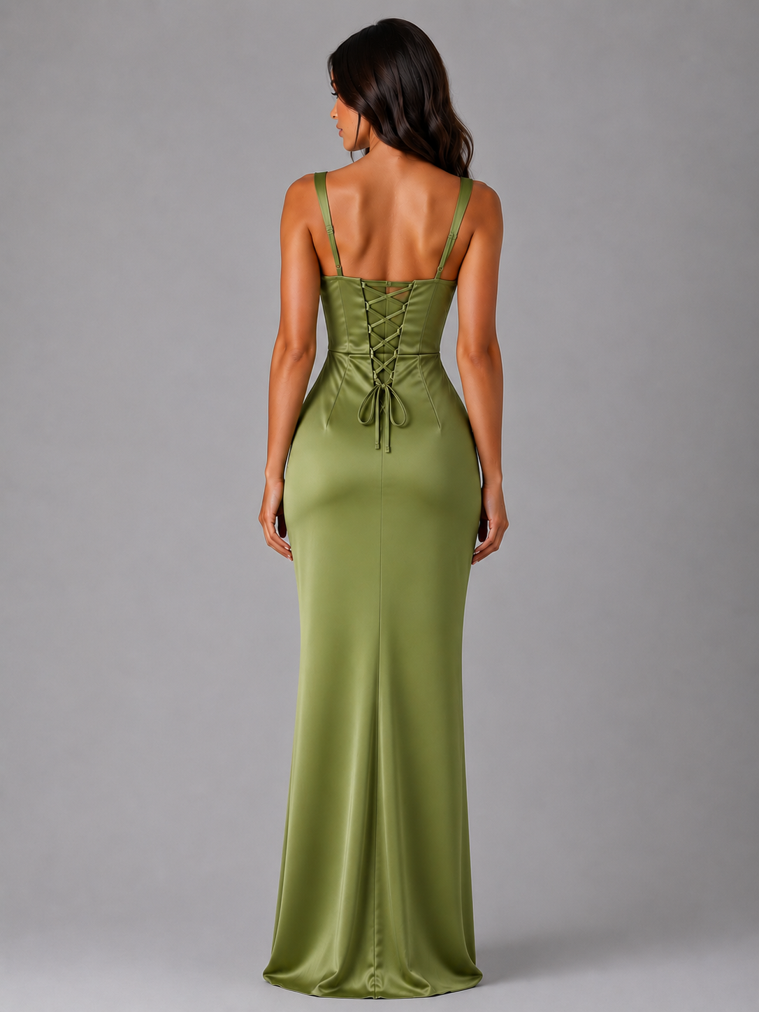 Full-length view of a women's satin maxi dress with sculpted fit