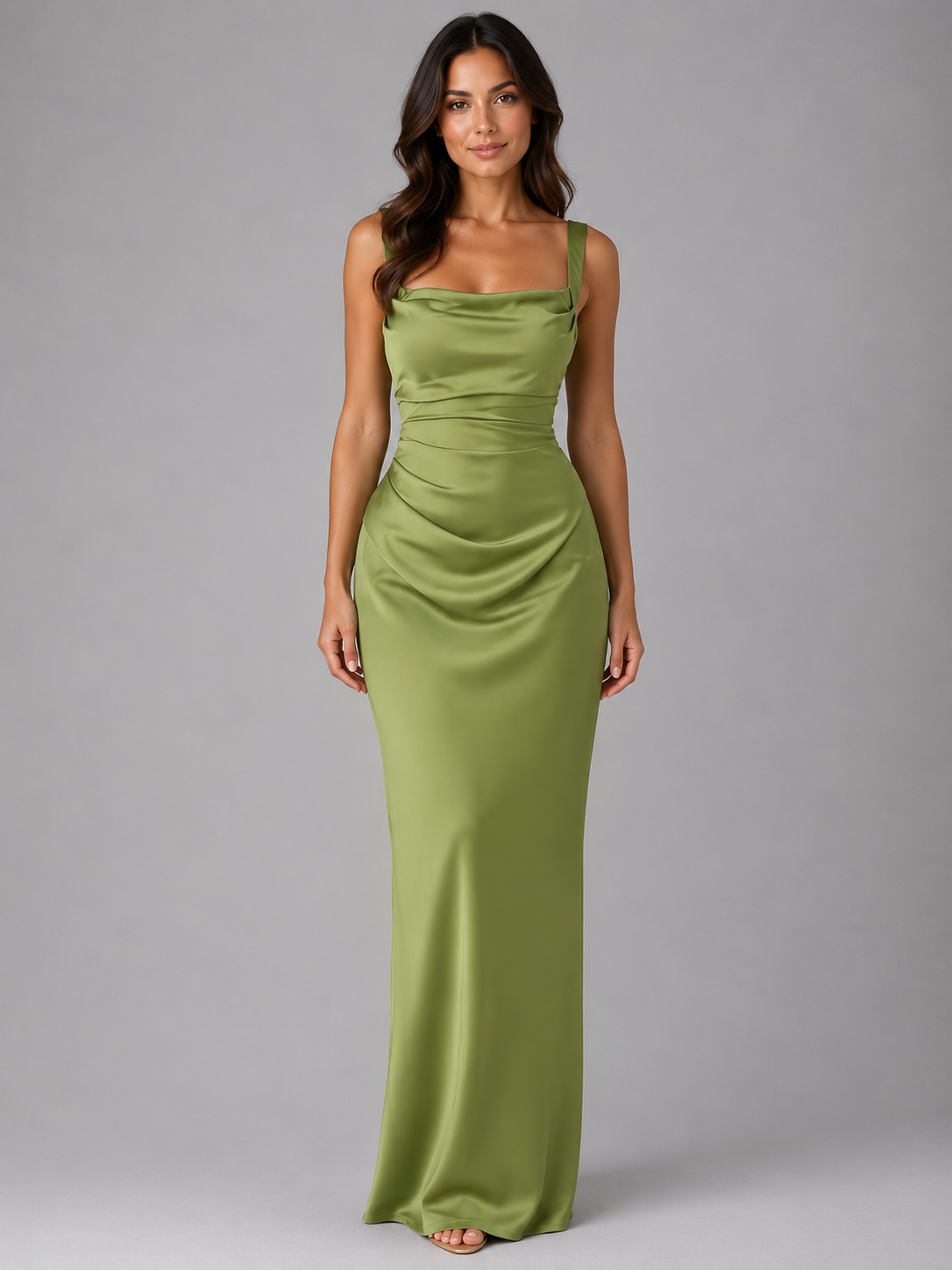 Women's Satin Maxi Dress With Ruched Waist