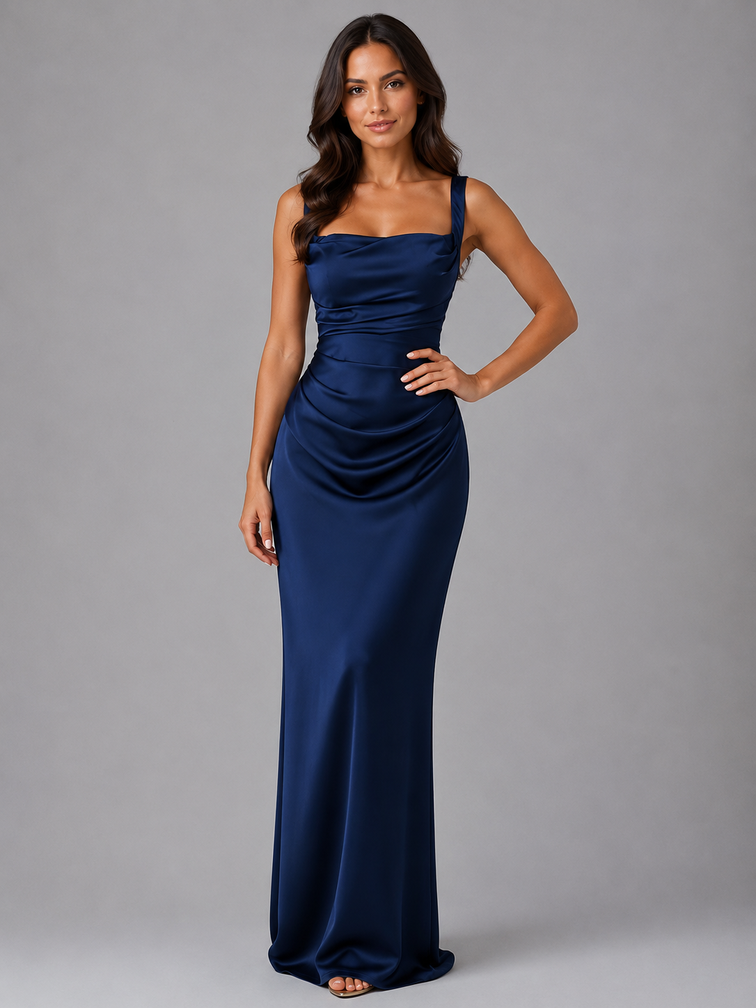 Back view of a women's satin maxi dress with flattering fit