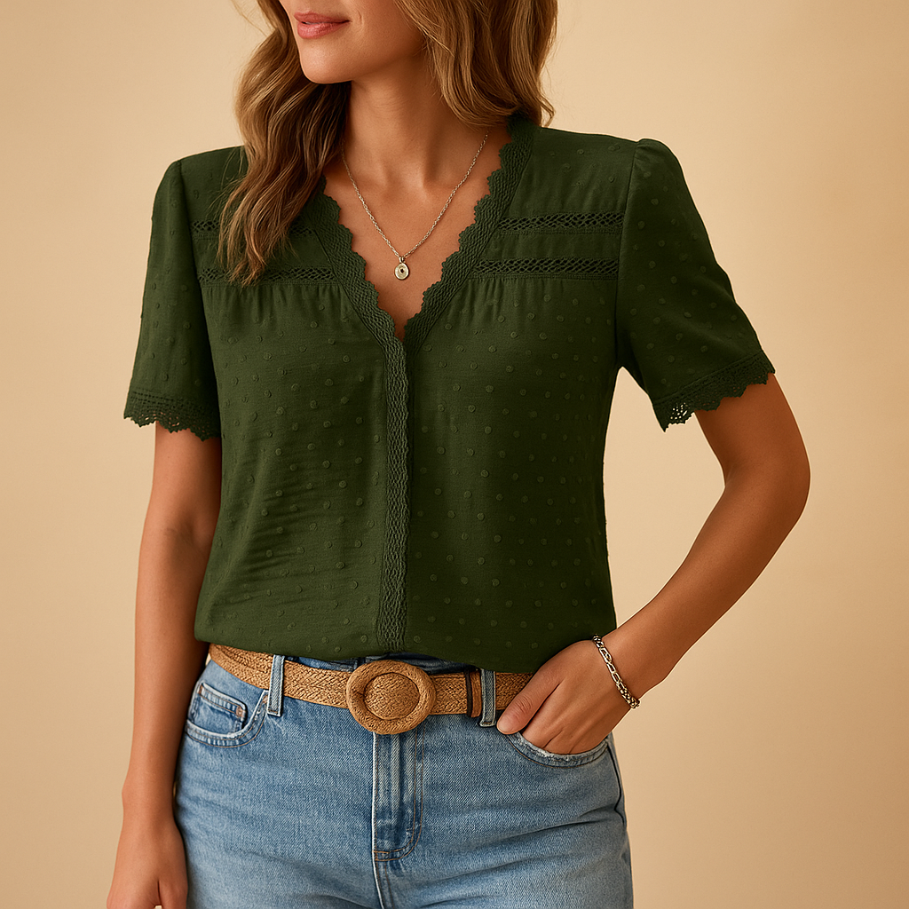 Front view of a women's lace trim V-neck blouse