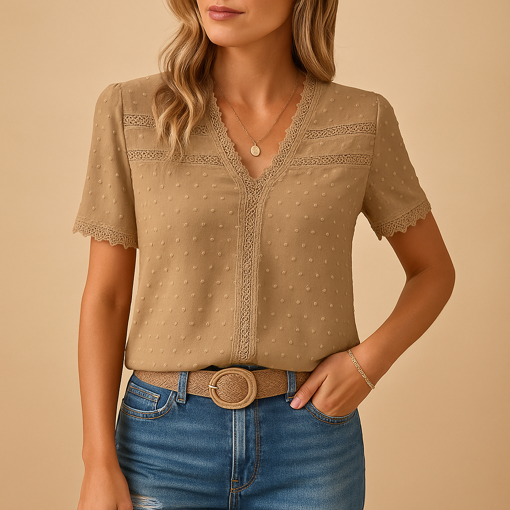 Women's V-neck blouse with delicate lace trim