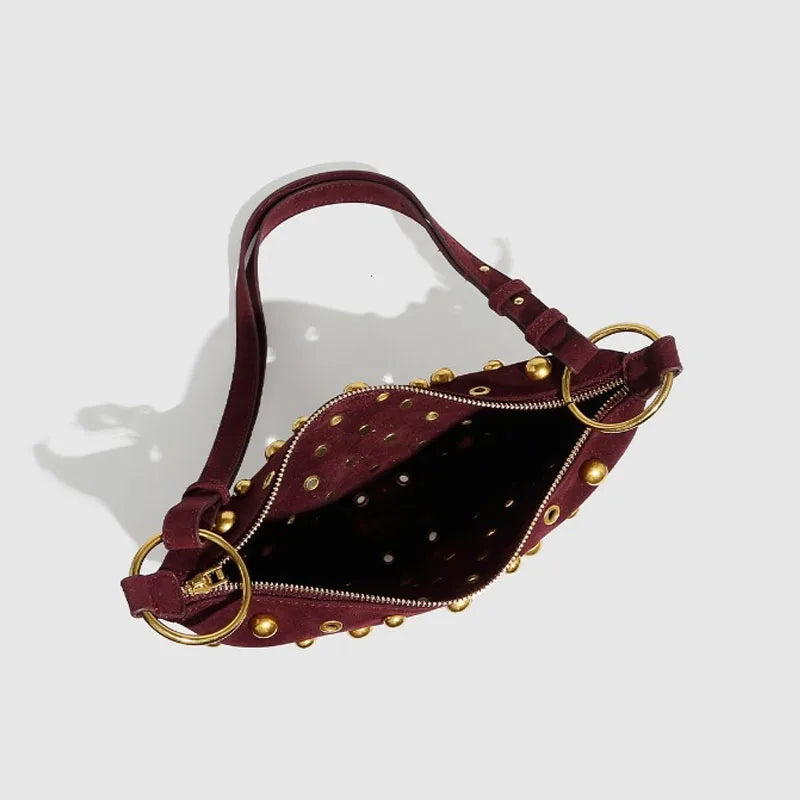 Studded Leather Crescent Shoulder Bag