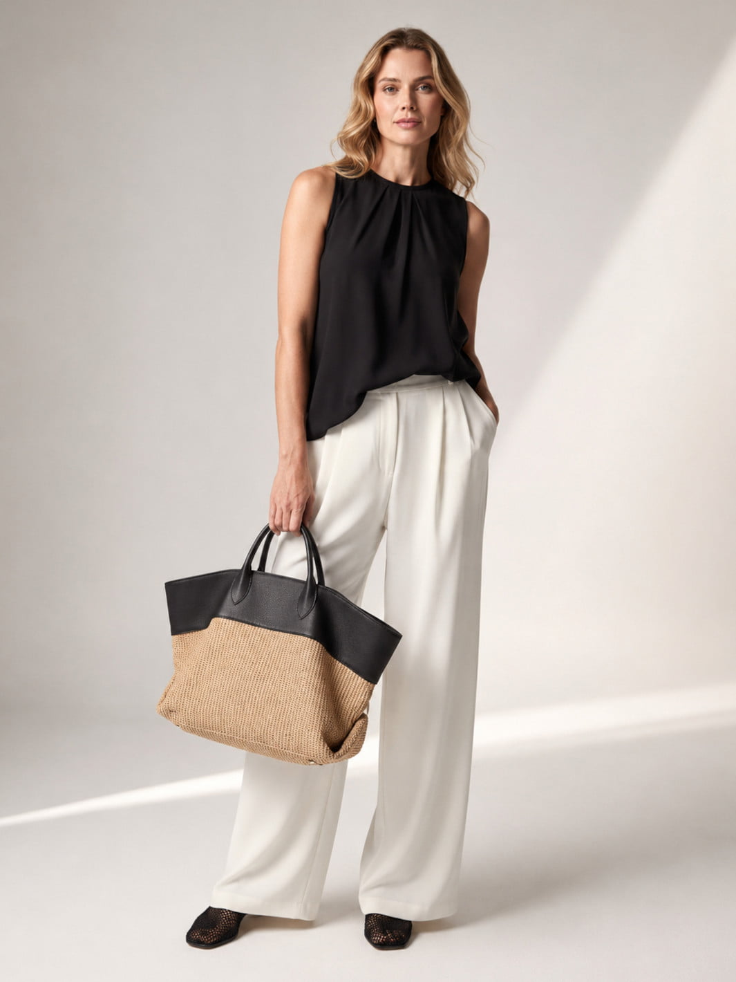 Straw and Leather Tote Bag with Mother-of-Pearl Detail