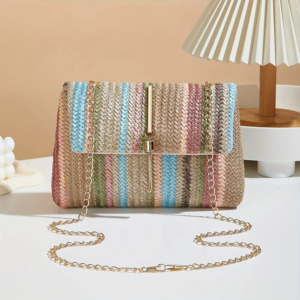 Rainbow Stripe Straw Crossbody Bag with Tassel Accent for Women