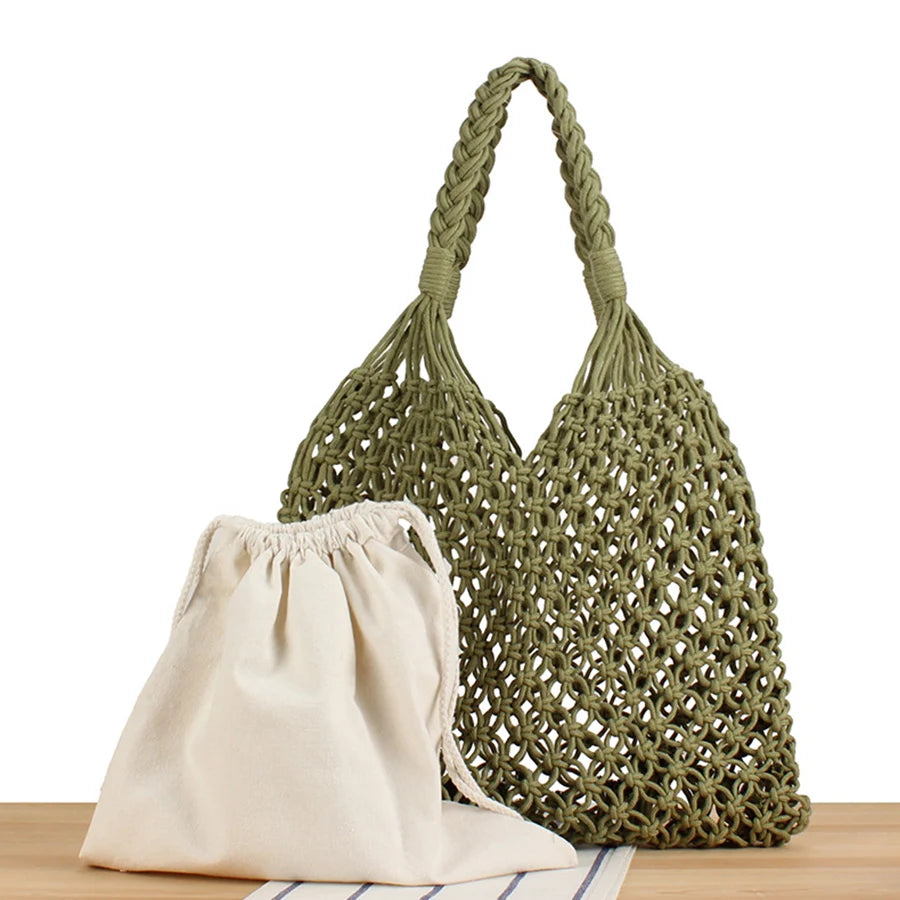 Summer Net Cotton Rope Knitted Bucket Shoulder Beach Bag for Women