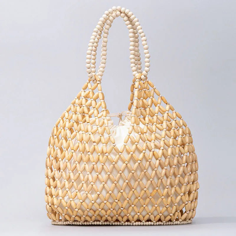 Handmade Woven Beaded Wooden Shoulder Beach Bag for Women