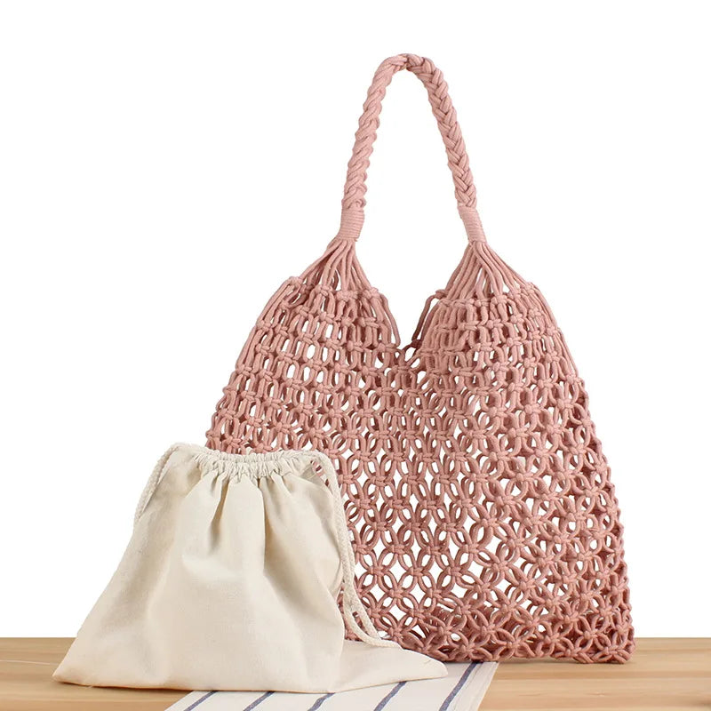 Summer Net Cotton Rope Knitted Bucket Shoulder Beach Bag for Women