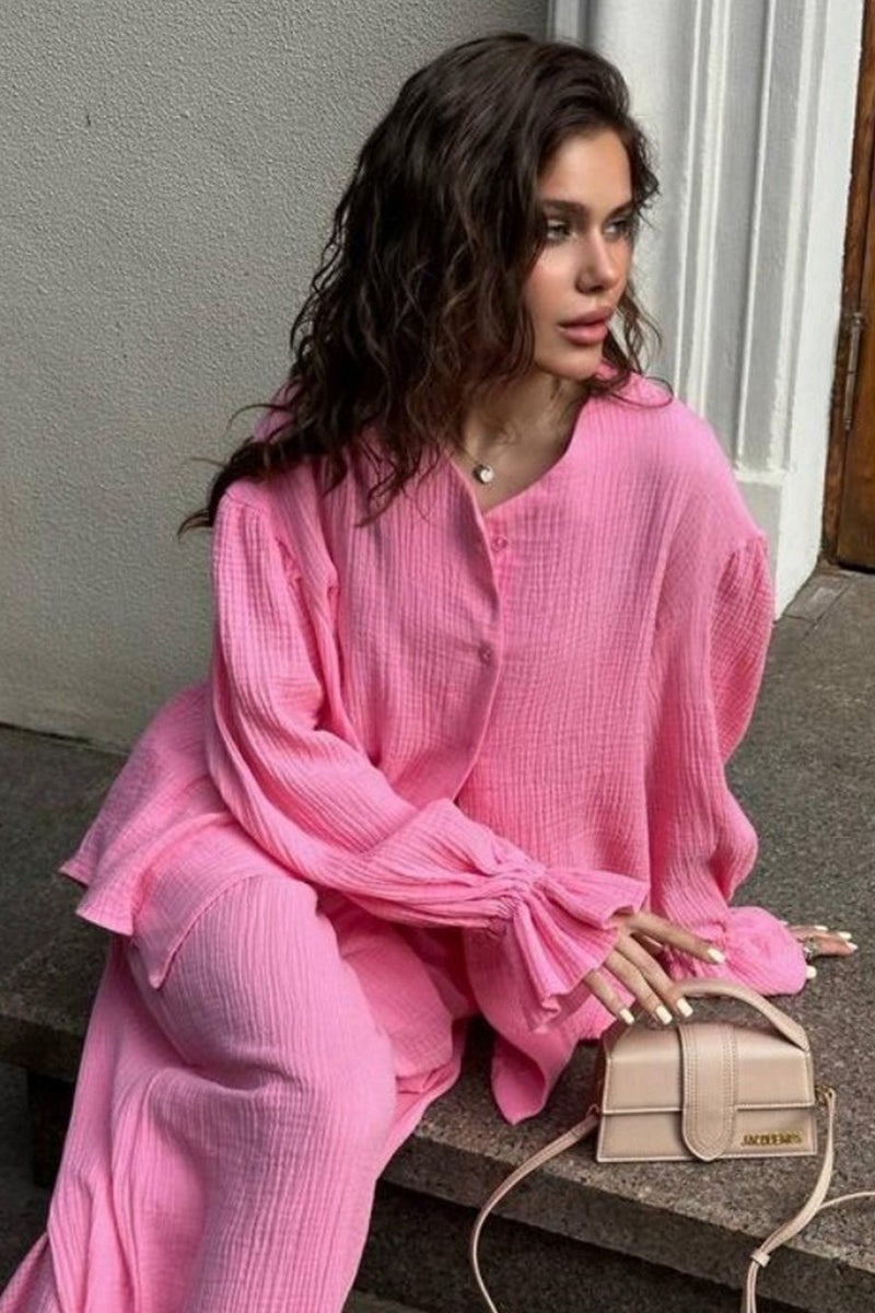 Close-up view of the cardigan's soft cotton texture and balloon sleeve