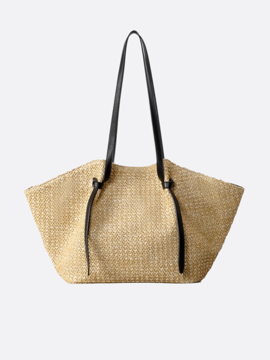 Straw and Black Leather Tote Bag