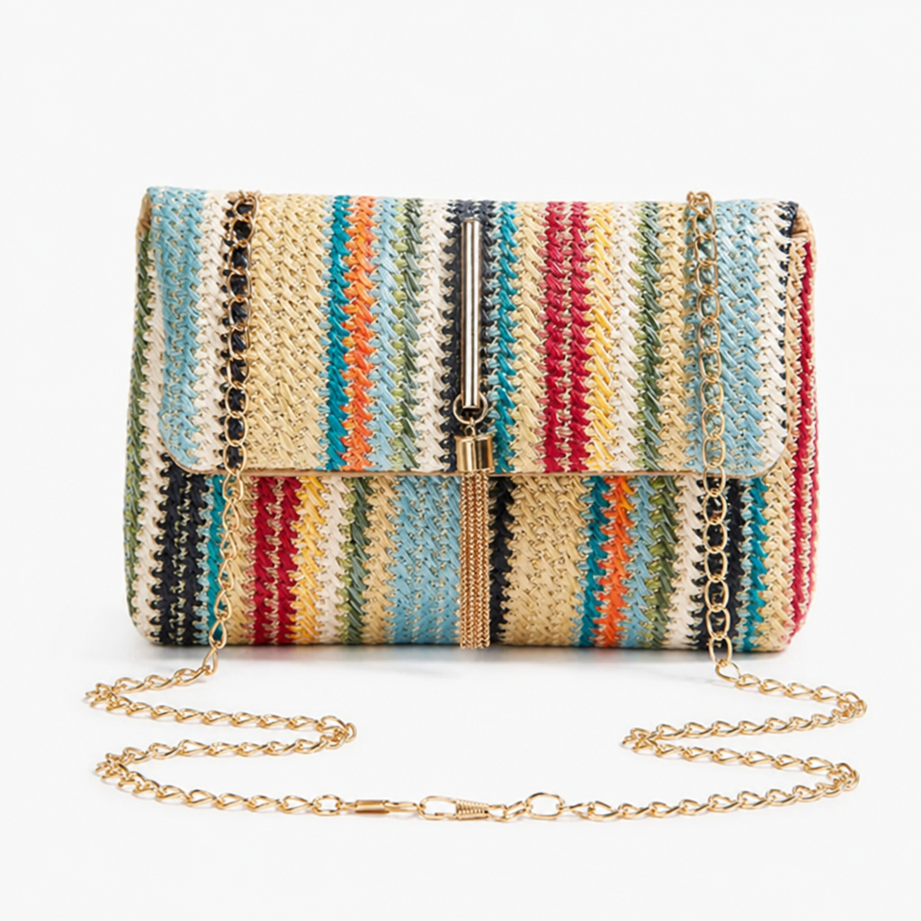 Rainbow Stripe Straw Crossbody Bag with Tassel Accent for Women