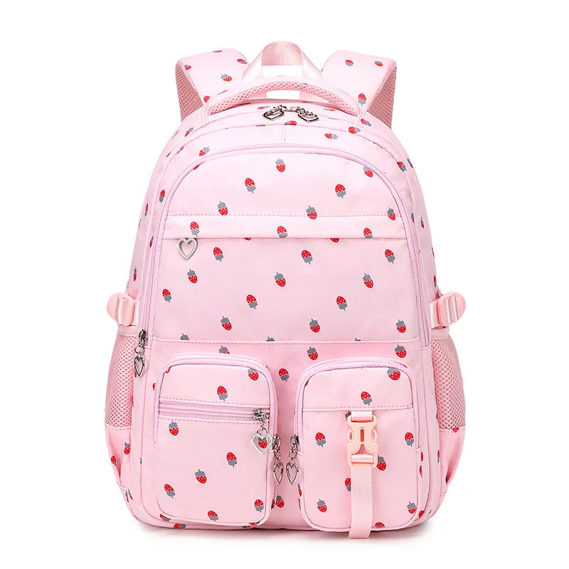 Waterproof Nylon Strawberry Print Large Capacity School Backpack