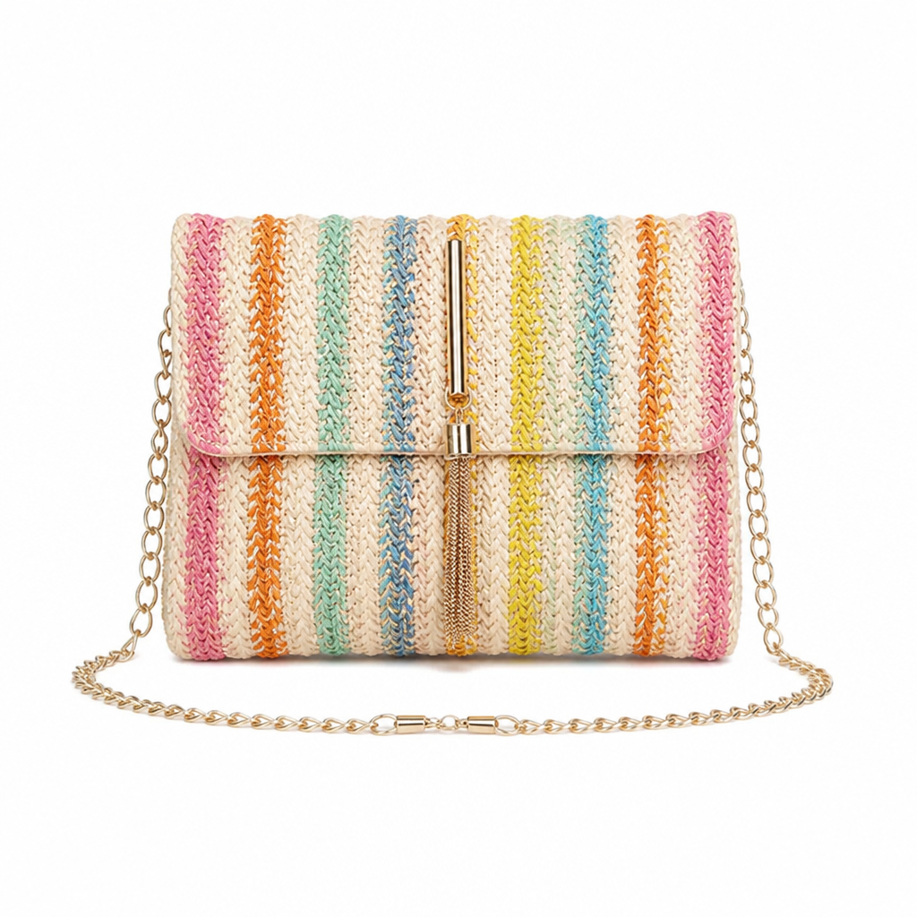 Rainbow Stripe Straw Crossbody Bag with Tassel Accent for Women