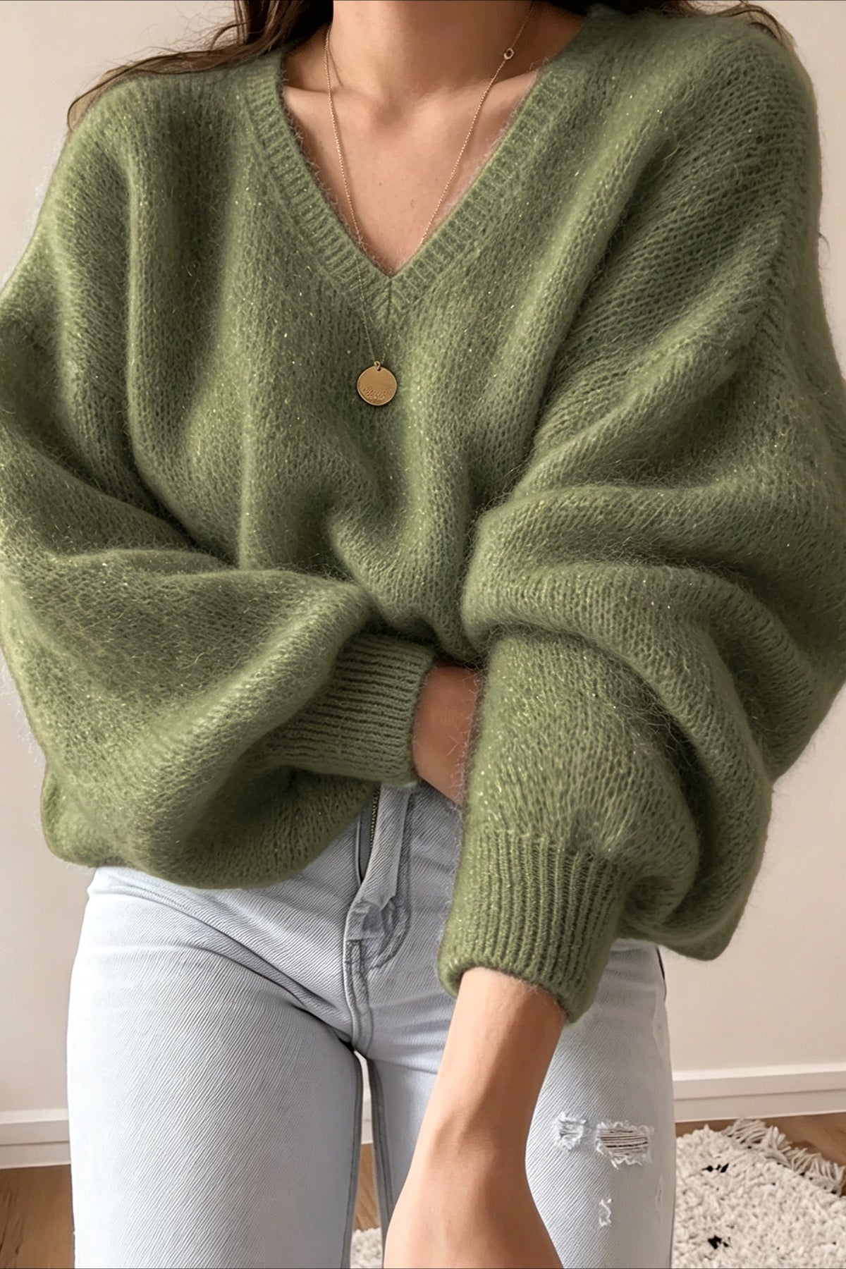 Oversized V Neck Balloon Sleeve Knit Sweater