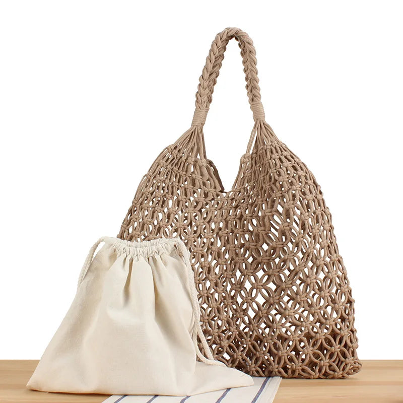Summer Net Cotton Rope Knitted Bucket Shoulder Beach Bag for Women