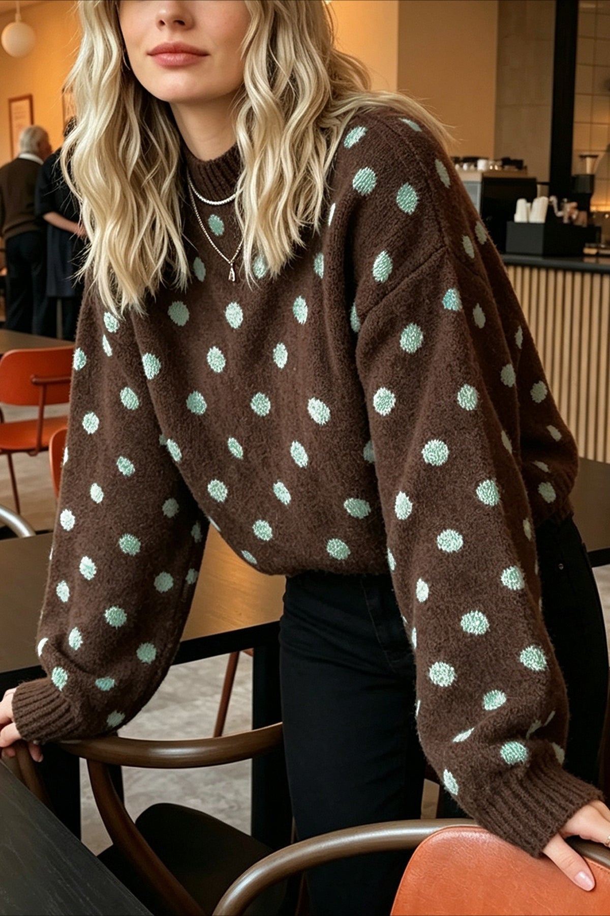 Brown polka dot sweater styled for a casual everyday outfit