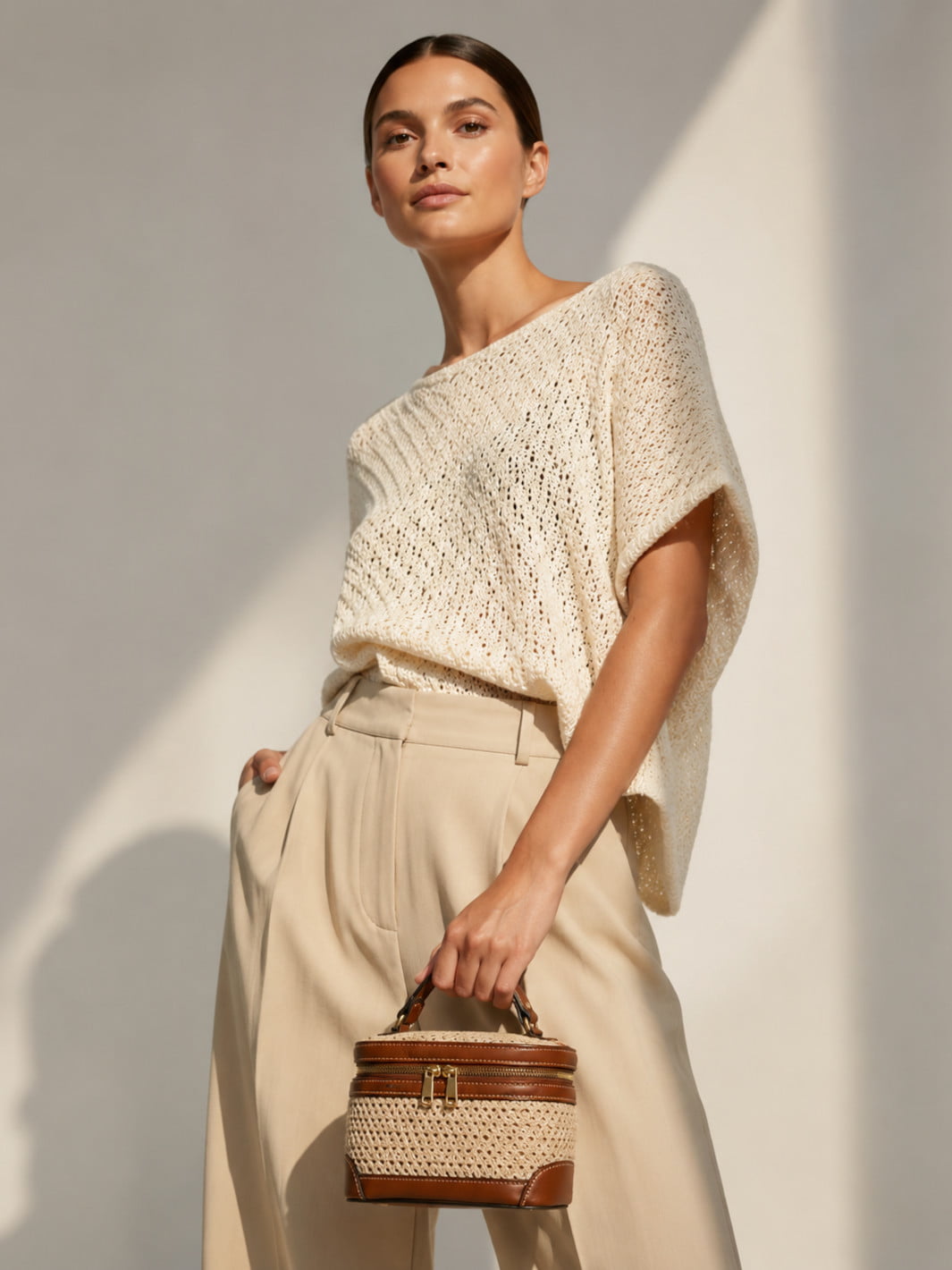 Straw and Leather Crossbody Handbag