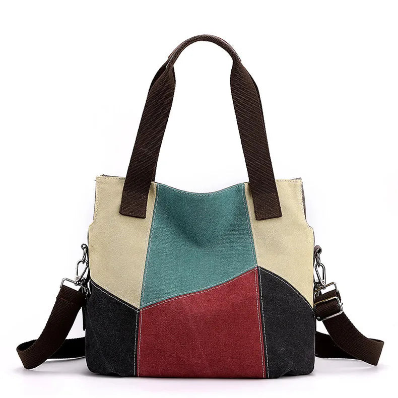Canvas Patchwork Top-Handle Crossbody Shoulder Bag Women's Vintage Tote