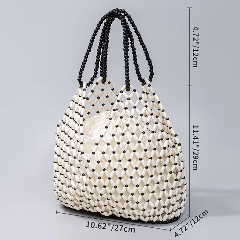 Handmade Woven Beaded Wooden Shoulder Beach Bag for Women