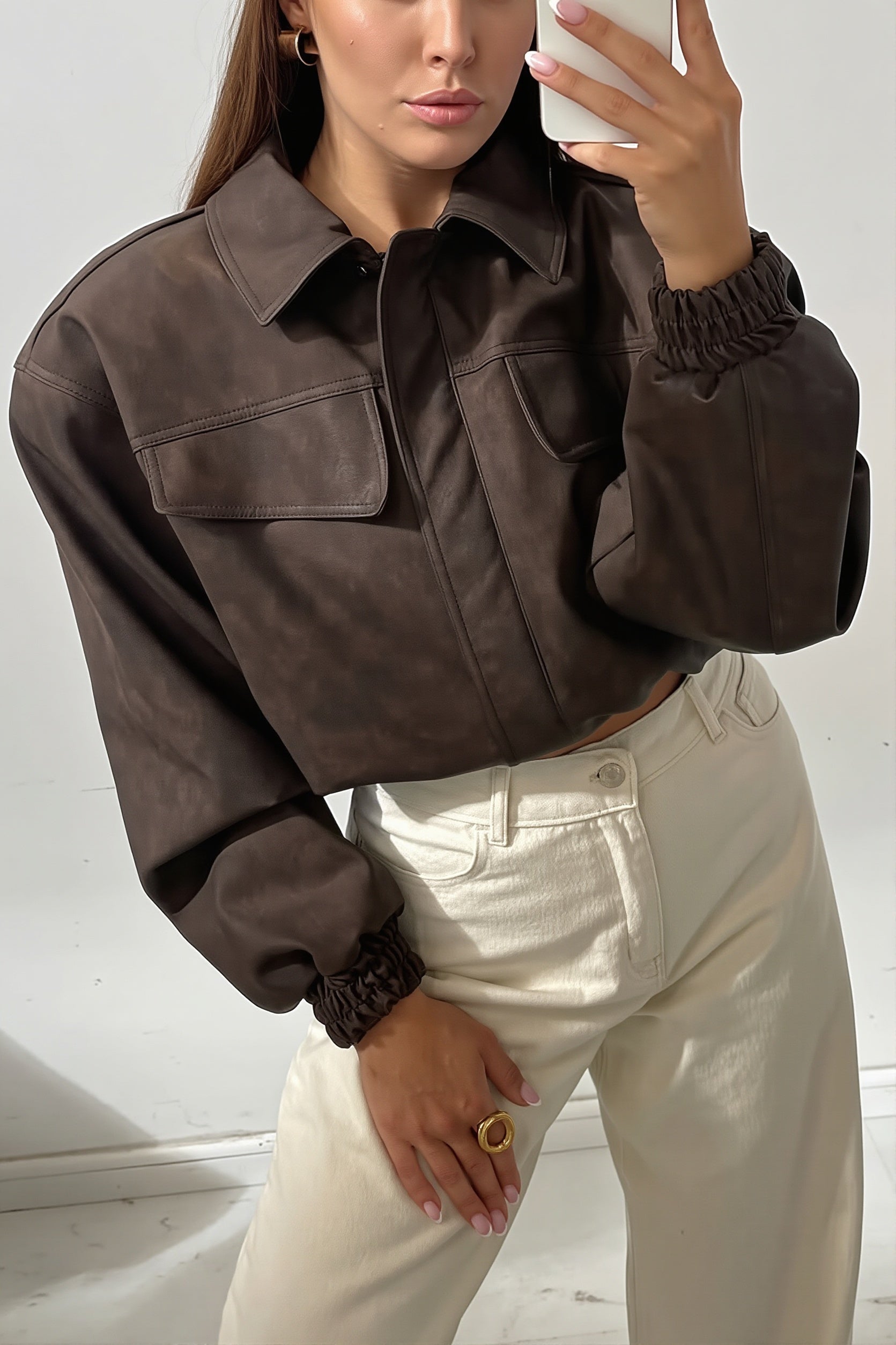Side view of the suede look utility bomber jacket
