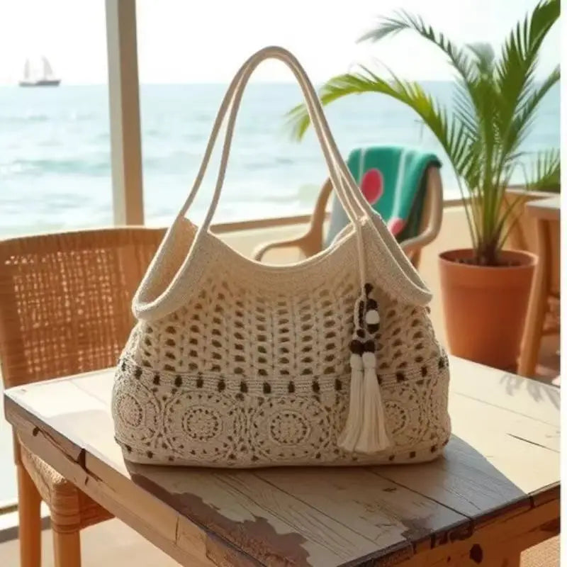 Boho Crochet Tote Bag with Bead Fringe and Adjustable Straps