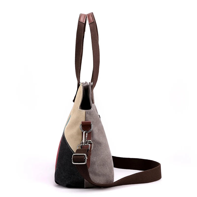 Canvas Patchwork Top-Handle Crossbody Shoulder Bag Women's Vintage Tote