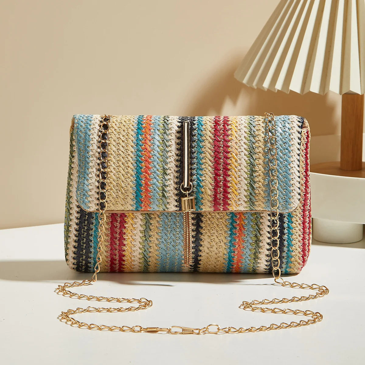 Rainbow Stripe Straw Crossbody Bag with Tassel Accent for Women