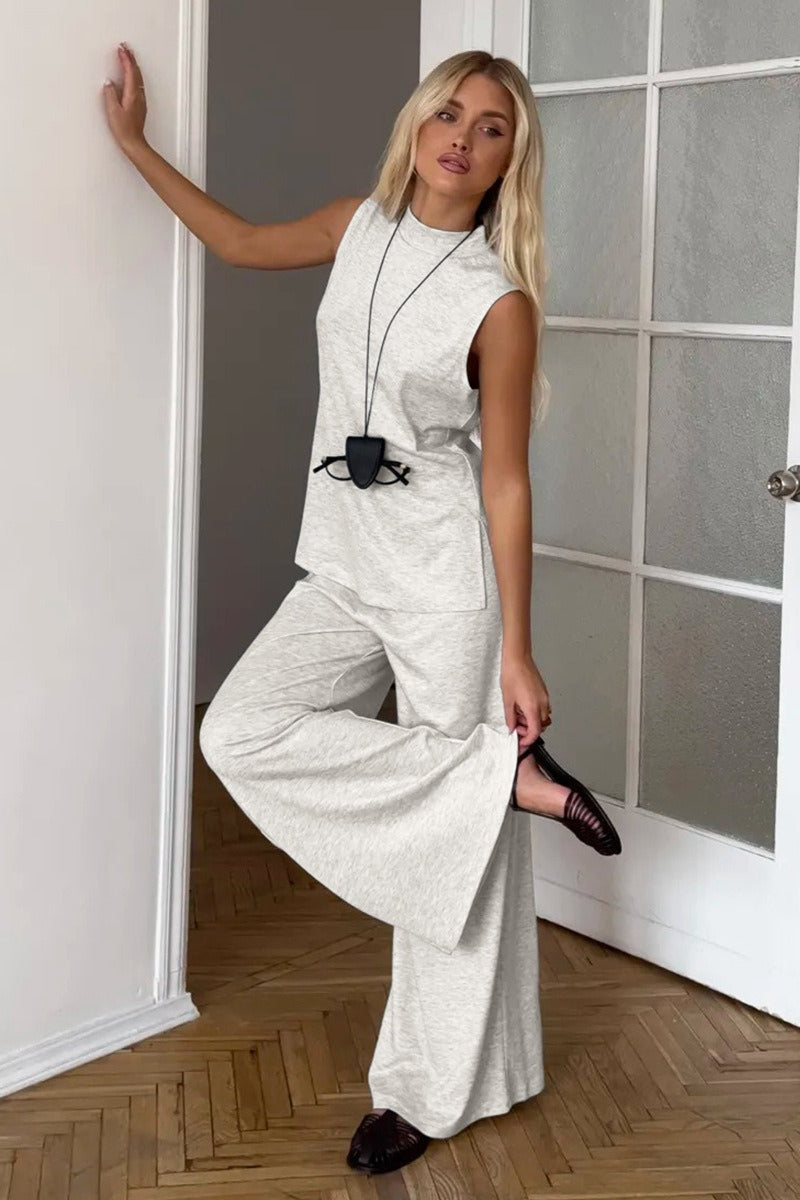 Detail view of the wide-leg pants with a comfortable drape