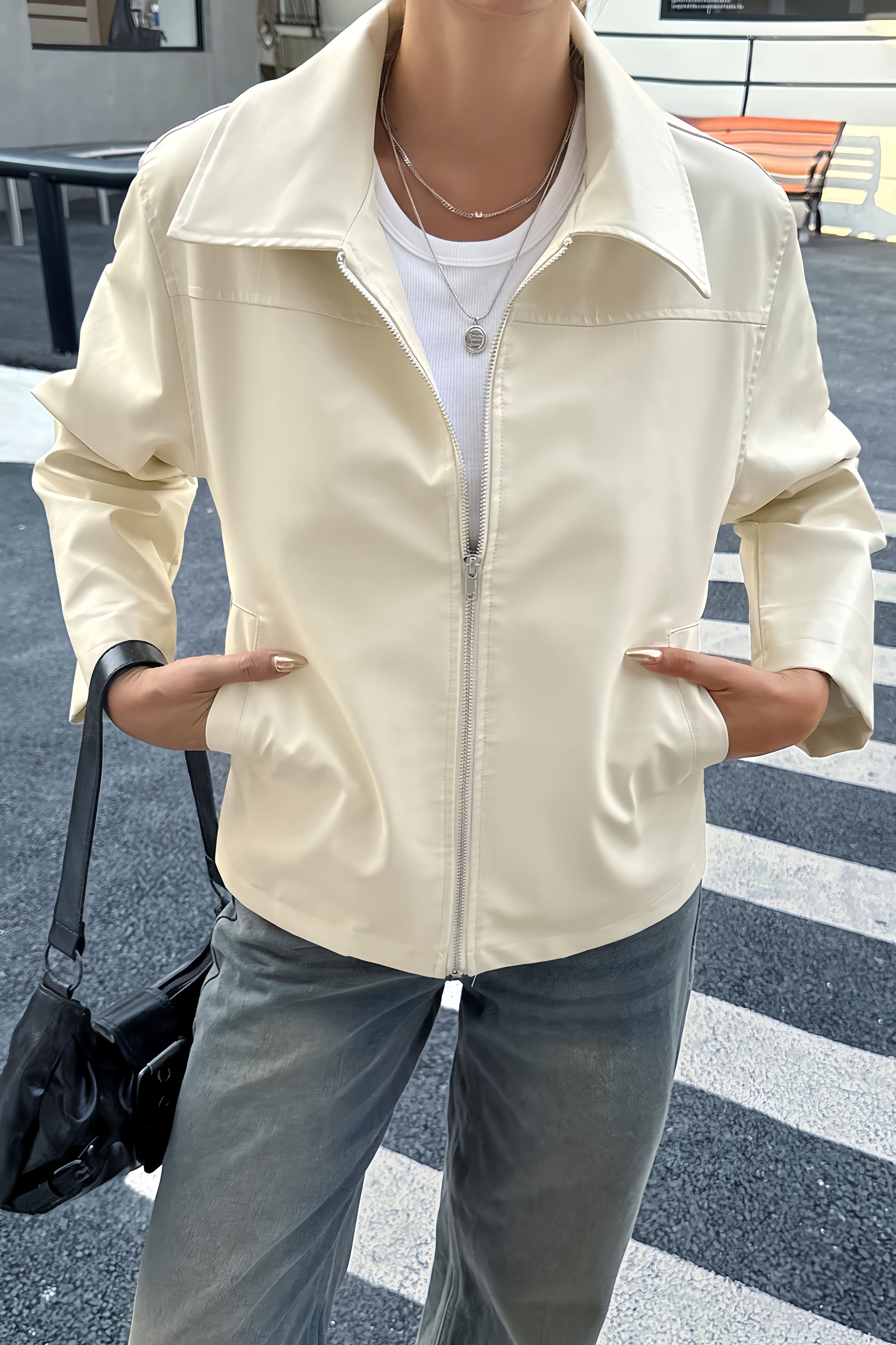 Faux leather zip jacket styled as a versatile everyday layer